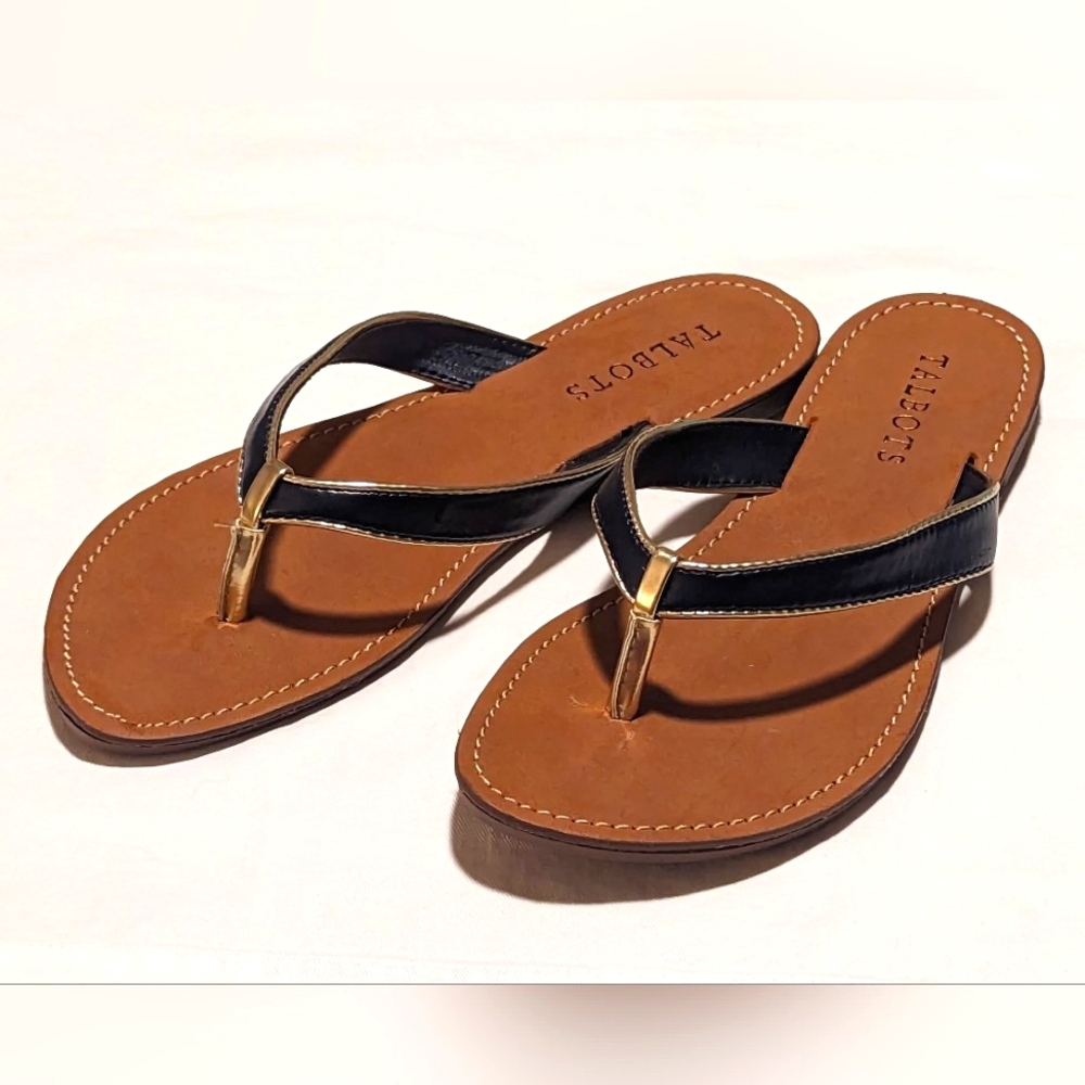 TALBOTS Women's Leather Thong Sandals Indigo Blue/Gold Size 8 NWOB